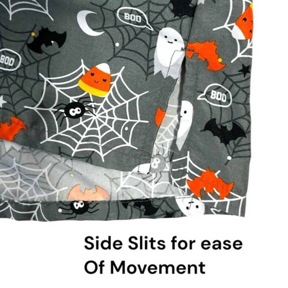 Cassandra O Halloween Theme Scrub Top Pockets Candy Corn Ghosts Gray Multi XL - Picture 12 of 16
